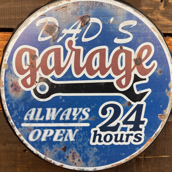 Dad's Garage Open 24 Hours 8"' Bottle Cap Metal Sign With Vintage Finish