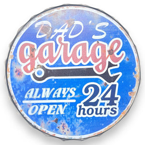 Dad's Garage Open 24 Hours 8"' Bottle Cap Metal Sign With Vintage Finish