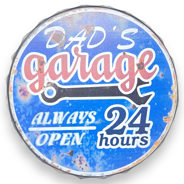 Dad's Garage Open 24 Hours 8"' Bottle Cap Metal Sign With Vintage Finish