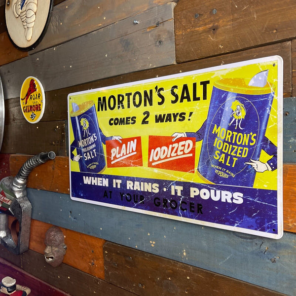 Morton's Salt When It Rains It Pours 19" Vintage Tin Metal Sign W/ Hemmed Edges