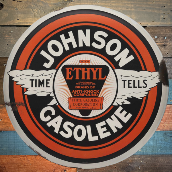 Johnson Gasolene Time Tells 24" Round Button Metal Sign Vintage Inspired Design