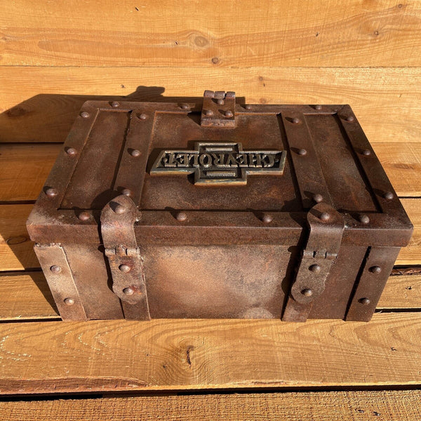 Chevrolet Iron Strong Box Chest W/ Chevy Brass Plaque and Lock, Antique Finish