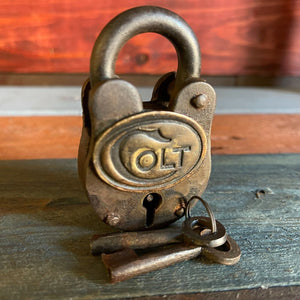 Colt Firearms Cast Iron Lock, Padlock, Brass Tag Colt Logo, Antique Finish