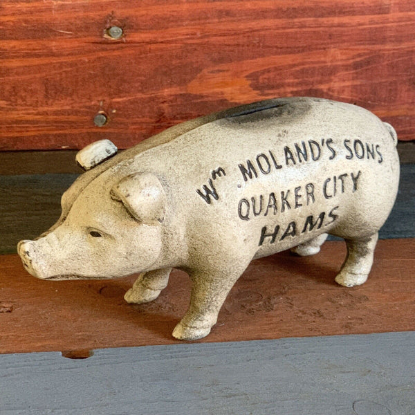 Wm. Moland's Sons Quaker City Hams Cast Iron Piggy Bank, Pig Collectible