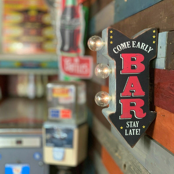 BAR Come Early Stay Late! LED Sign, Arrow Shaped Double Sided, Beer Man Cave Pub