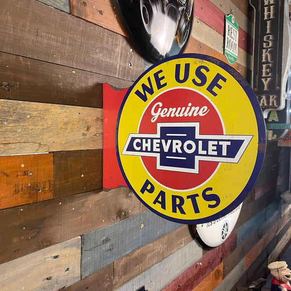 Chevrolet Genuine We Use Parts Double Sided Flange Metal Sign Distressed Finish