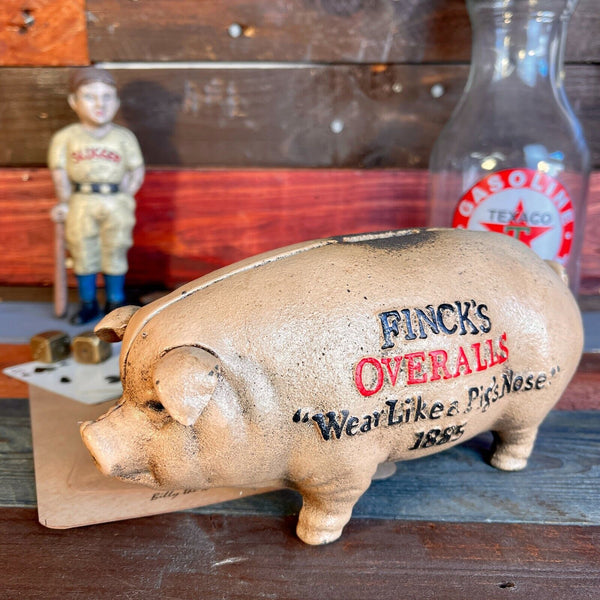 Fincks Overalls Piggy Bank, Cast Iron Pig W/ Antique Finish, Man Cave Bar Decor