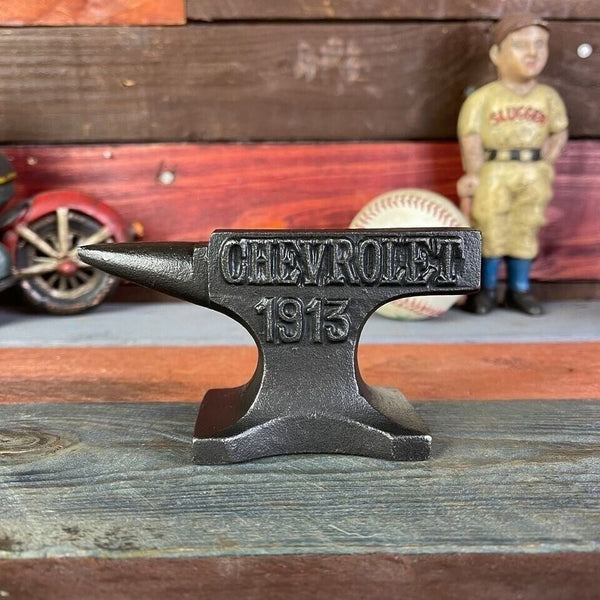 Chevrolet 1913 Cast Iron Anvil, Antique Finish, Chevy, Man Cave Game Room Decor