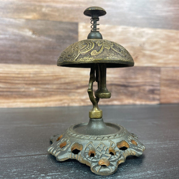 Hotel Desk Bell On Stand Solid Brass With Butterfly Engraving And Antique Finish