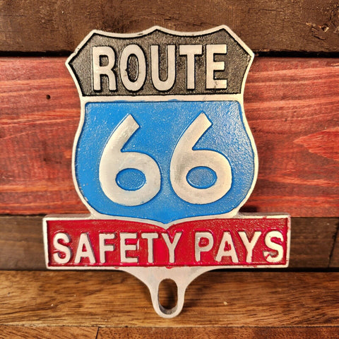 Route 66 Safety Pays License Plate FOB Topper, Antique Finish, Raised Letters