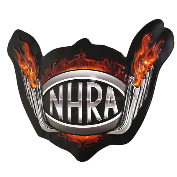 NHRA Logo Flames & Racing Tailpipes Shaped & Embossed 17" Vintage Inspired Sign