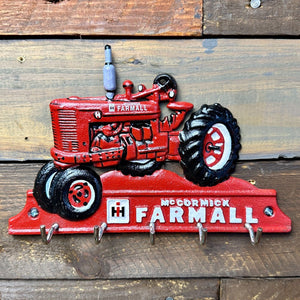 Mccormick Farmall Tractor Cast Iron Red Key Rack W/ Five Metal Hooks Wall Decor