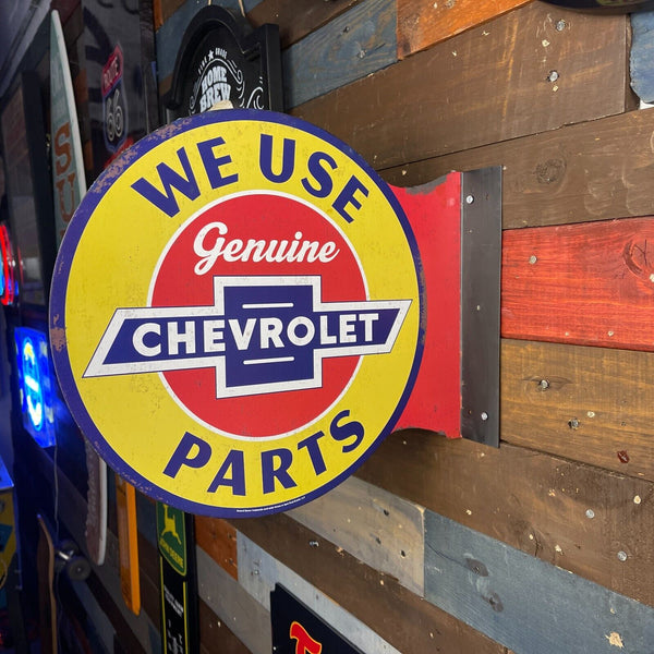 Chevrolet Genuine We Use Parts Double Sided Flange Metal Sign Distressed Finish