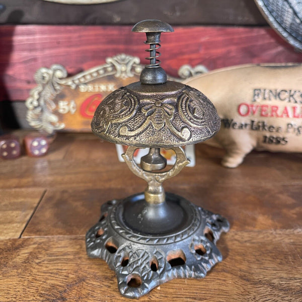 Hotel Desk Bell On Stand Solid Brass With Butterfly Engraving And Antique Finish