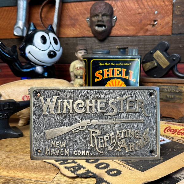 Winchester Repeating Arms Solid Brass Wall Plaque Sign W/ Antique Vintage Finish