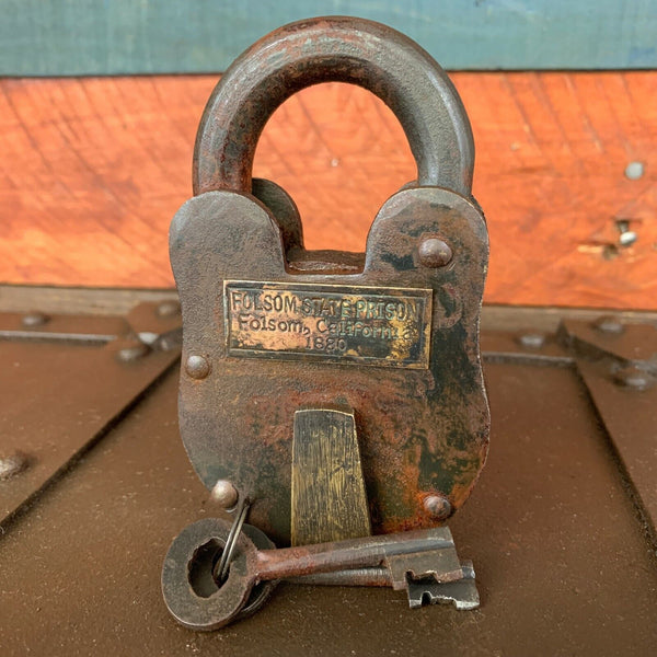 Folsom California State Prison Cast Iron Lock, Keys Brass Tag, W/ Antique Finish