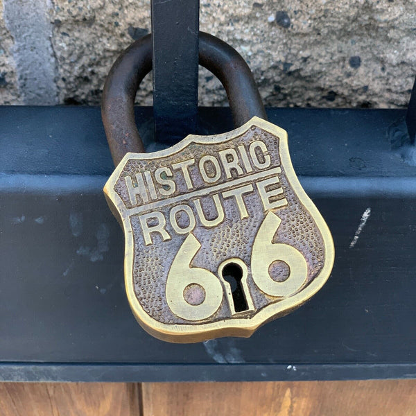 Historic Route 66 Brass Lock & 2 Keys, Embossed Lettering, Antique Finish