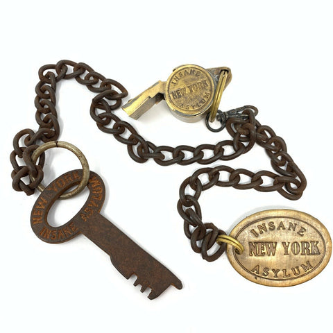 New York Insane Asylum Key, Tag, Solid Brass Whistle, & Chain, Antique Finish