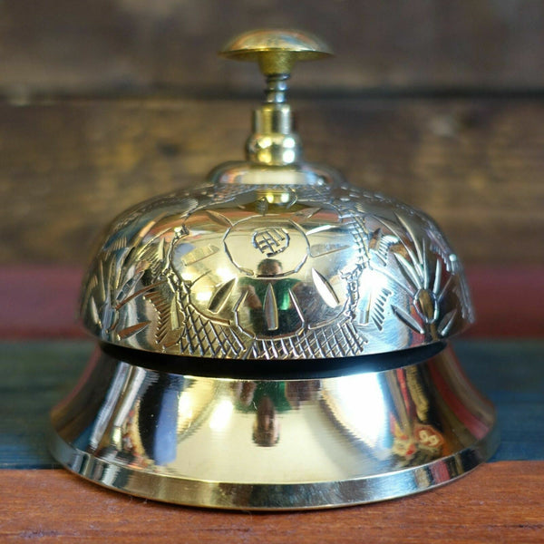 Ornate Victorian Desk Bell, Polished Brass W/ Engraved Victorian Flower Detail