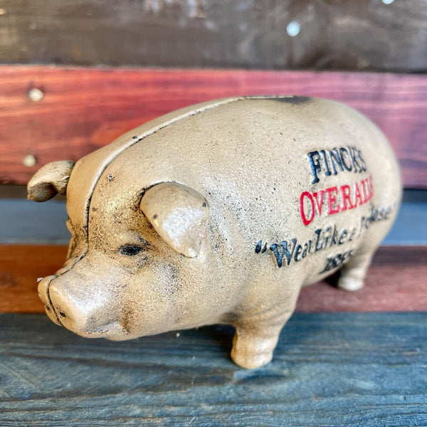 Fincks Overalls Piggy Bank, Cast Iron Pig W/ Antique Finish, Man Cave Bar Decor