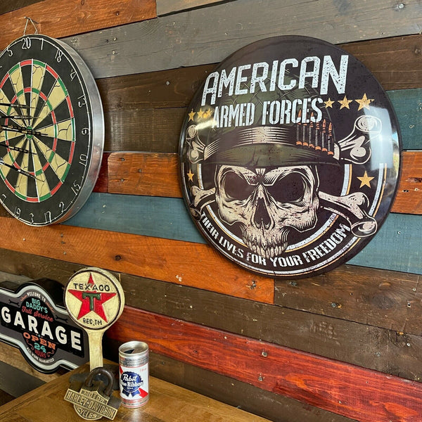 American Armed Forces Dome Sign, 15" Round Metal, Man Cave Game Room Wall Decor