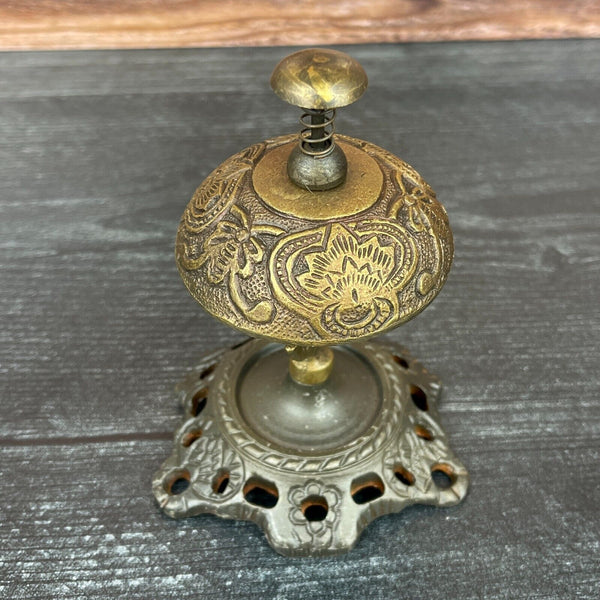 Hotel Desk Bell On Stand Solid Brass With Butterfly Engraving And Antique Finish