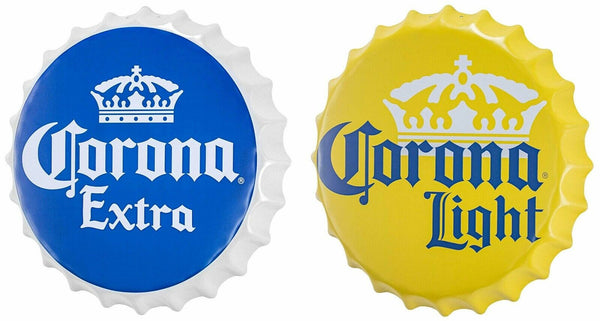 Corona Extra & Corona Light Beer, Pair Of 16" Bottle Cap Shaped Signs, Bar Decor