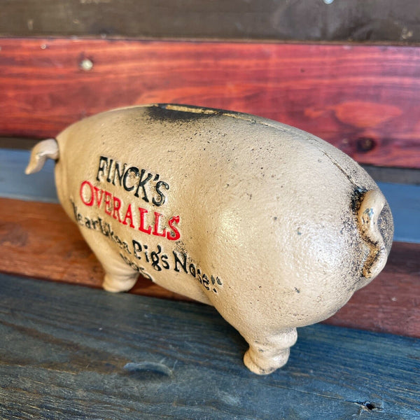 Fincks Overalls Piggy Bank, Cast Iron Pig W/ Antique Finish, Man Cave Bar Decor