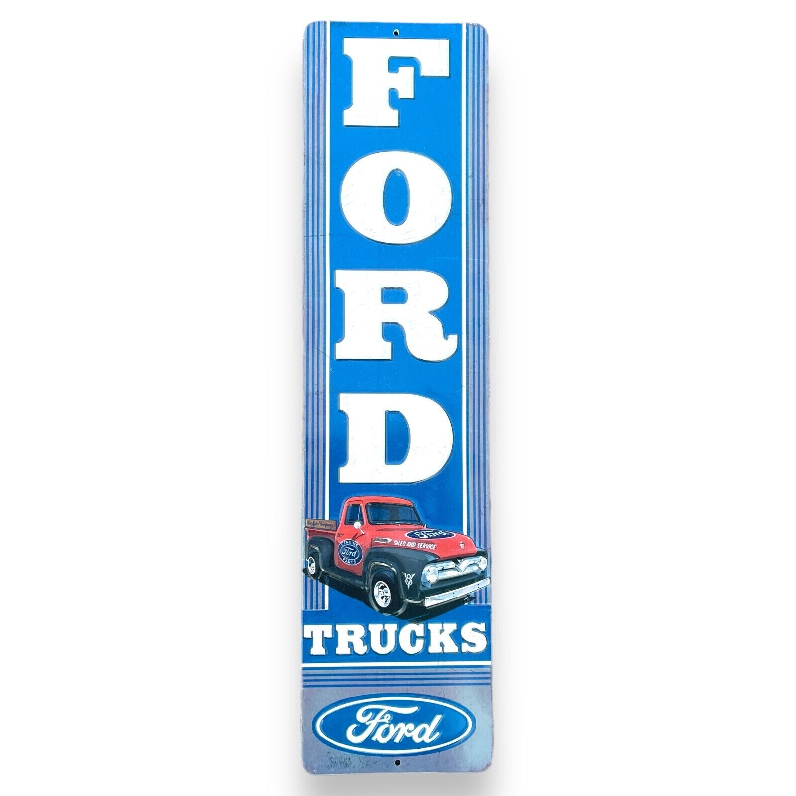 Ford Trucks Sales And Service Die Cut Embossed Hanging Metal Sign