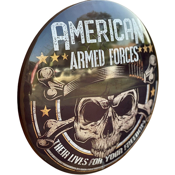 American Armed Forces Dome Sign, 15" Round Metal, Man Cave Game Room Wall Decor