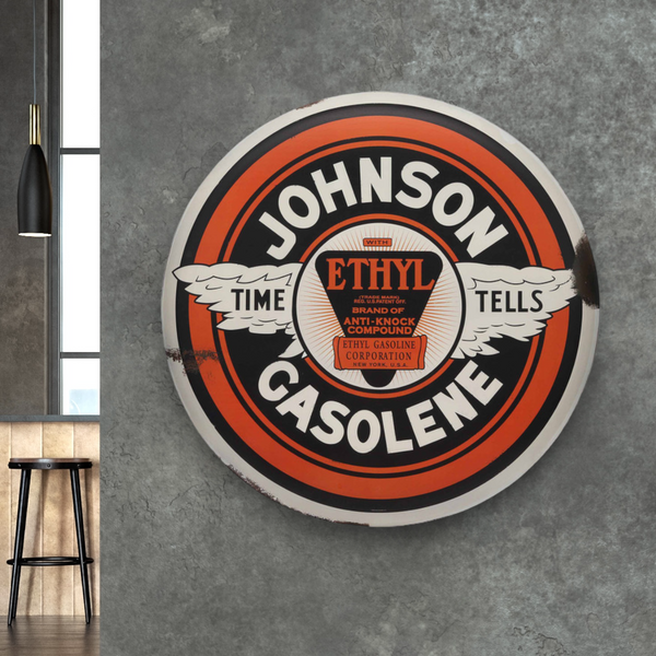 Johnson Gasolene Time Tells 24" Round Button Metal Sign Vintage Inspired Design