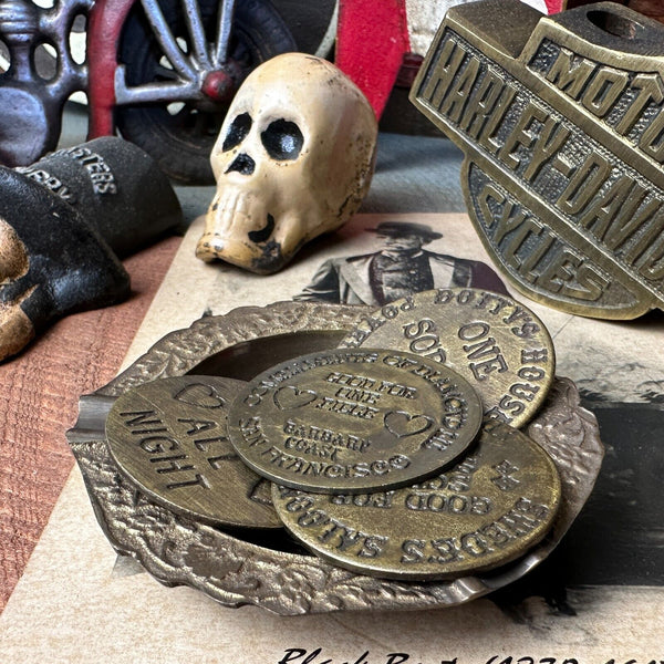 Old West Brothel Tokens (Lot Of 5 Assorted) and Brass Dish With Antique Finish