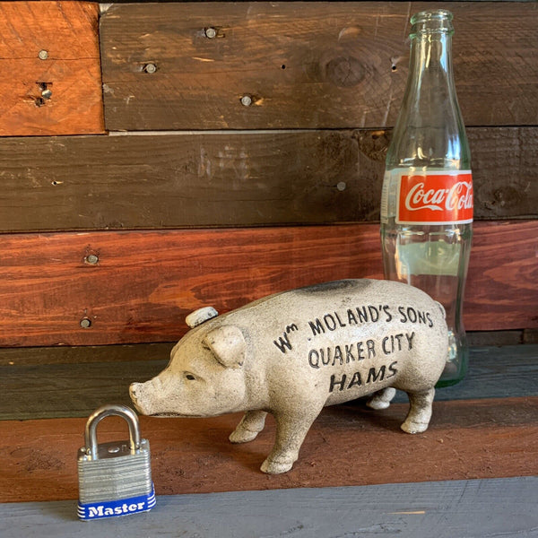 Wm. Moland's Sons Quaker City Hams Cast Iron Piggy Bank, Pig Collectible