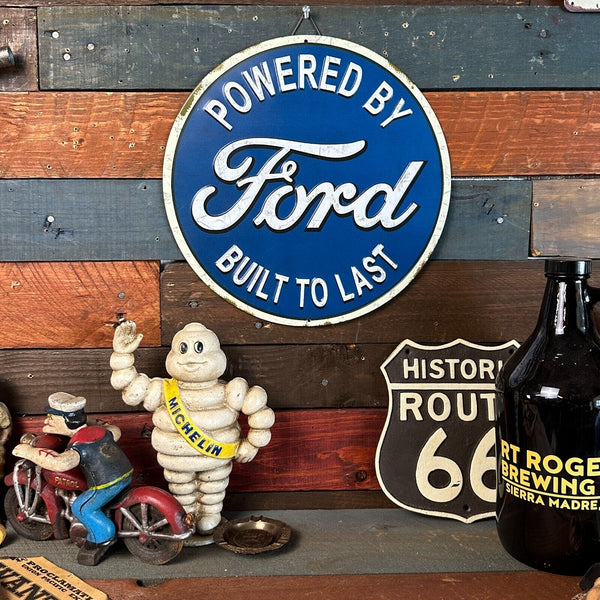 Ford Powered By And Built To Last 12" Embossed Metal Round Sign Vintage Design