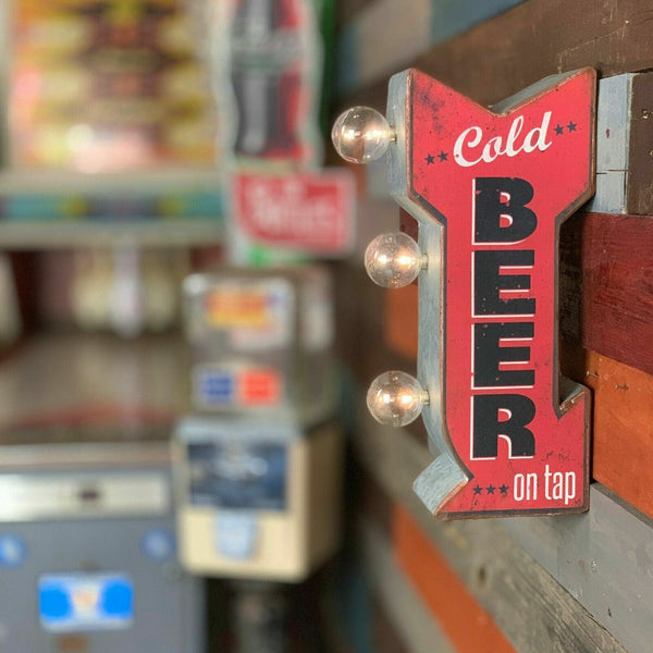 Cold Beer On Tap Arrow Shaped Double Sided Sign LED Lights Man Cave Bar Garage