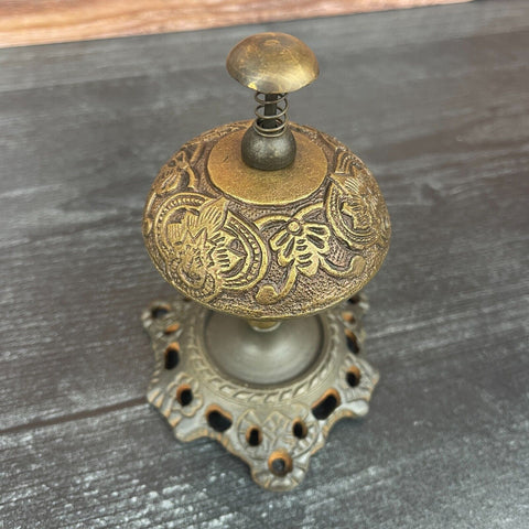 Hotel Desk Bell On Stand Solid Brass With Butterfly Engraving And Antique Finish