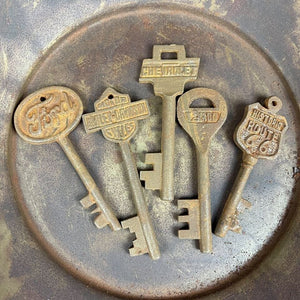 Automotive Antiqued Cast Iron Key Set (5), Ford, HD, Chevrolet, Route 66, Texaco