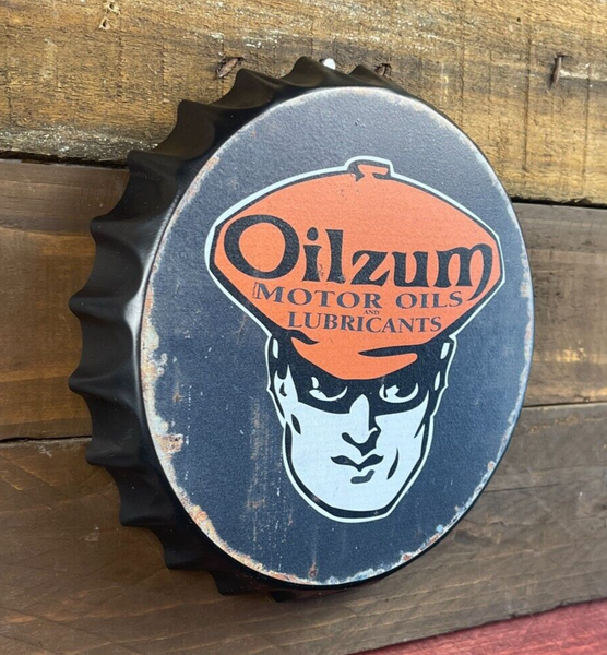 Oilzum Motor Oils Bottle Cap Shaped Metal Sign With Vintage Antique Finish