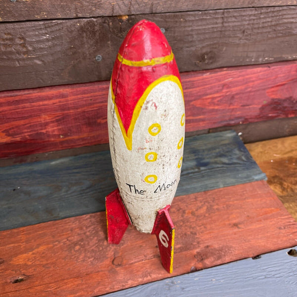 Rocket Toy Bank, Cast Iron Rocket To The Moon Bank W/ Painted Antique Finish