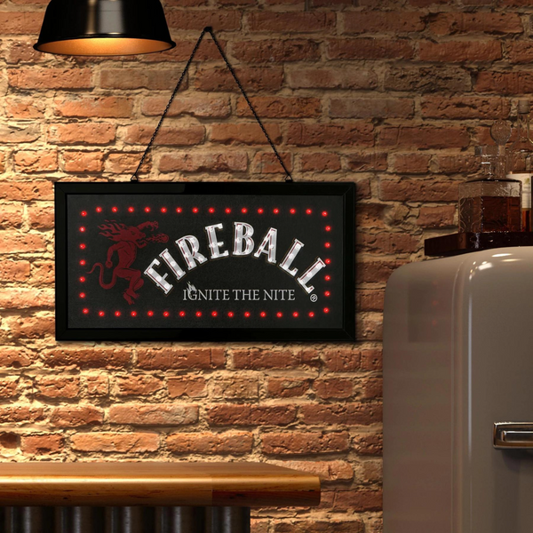 Fireball Framed & Flashing Hanging LED Sign, Bar Man Cave Game Room Wall Decor