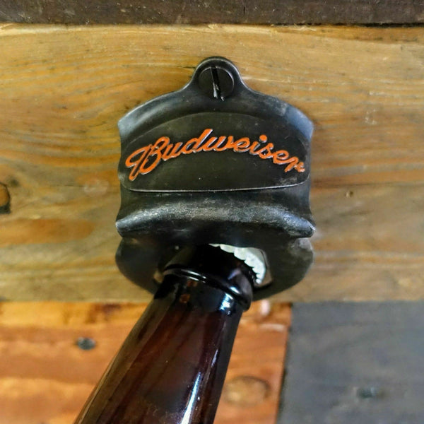 Budweiser Wall Mounted Bottle Opener, Die Cast With Painted Antique Finish