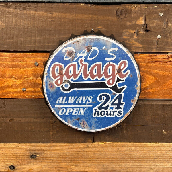 Dad's Garage Open 24 Hours 8"' Bottle Cap Metal Sign With Vintage Finish