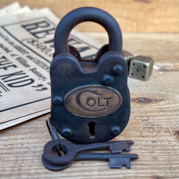 Colt Gate Lock W/ 2 Working Keys & Antique Vintage Finish Brass Tag W/ Colt Logo