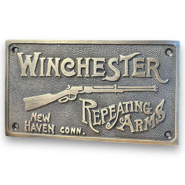 Winchester Repeating Arms Solid Brass Wall Plaque Sign W/ Antique Vintage Finish