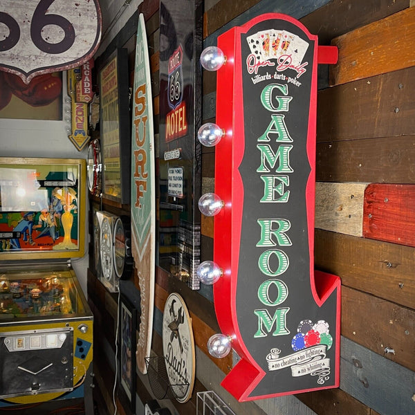 Game Room Vintage LED Double Sided Arrow Sign Poker Darts Billiards Cards