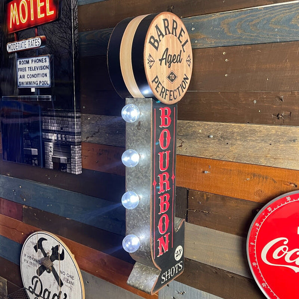 Bourbon Whiskey Barrel Aged Double Sided LED Sign W/ Vintage Arrow Shaped Design