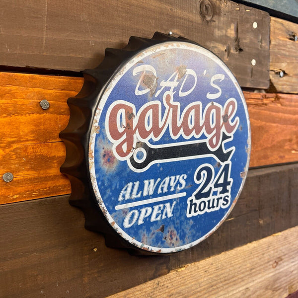 Dad's Garage Open 24 Hours 8"' Bottle Cap Metal Sign With Vintage Finish