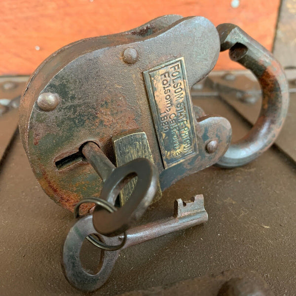 Folsom California State Prison Cast Iron Lock, Keys Brass Tag, W/ Antique Finish