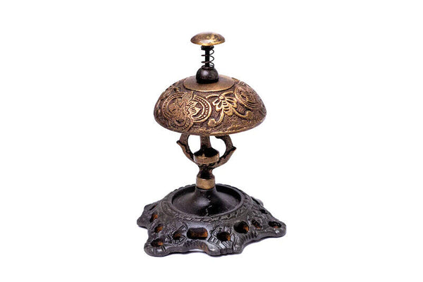 Hotel Desk Bell On Stand Solid Brass With Butterfly Engraving And Antique Finish