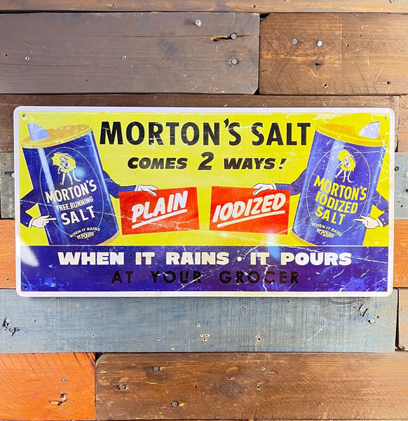 Morton's Salt When It Rains It Pours 19" Vintage Tin Metal Sign W/ Hemmed Edges